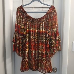 Like New! Ashley Stewart Vibrant Smocked Shoulder Blouse in Red & Brown 18/20